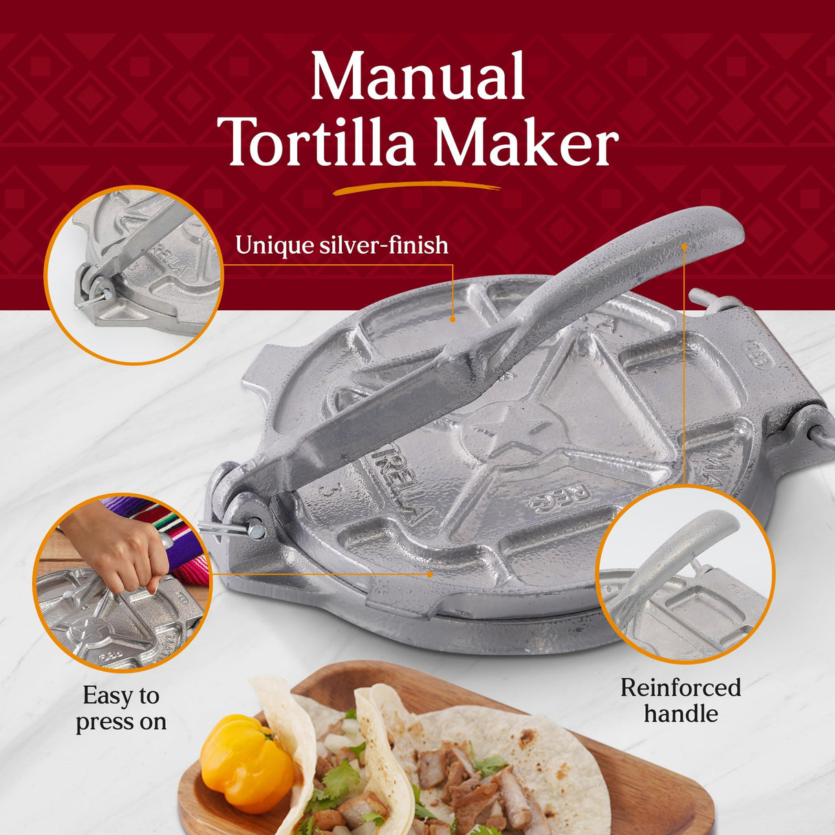 Estrella (7.5 inch) Cast Iron Tortilla Press and Tostonera, Perfect for Mexican Food, Tortillas, Burritos, Quesadillas, Empanadas, and Sopes, Prensa Para Tortillas, Silver Finish universal