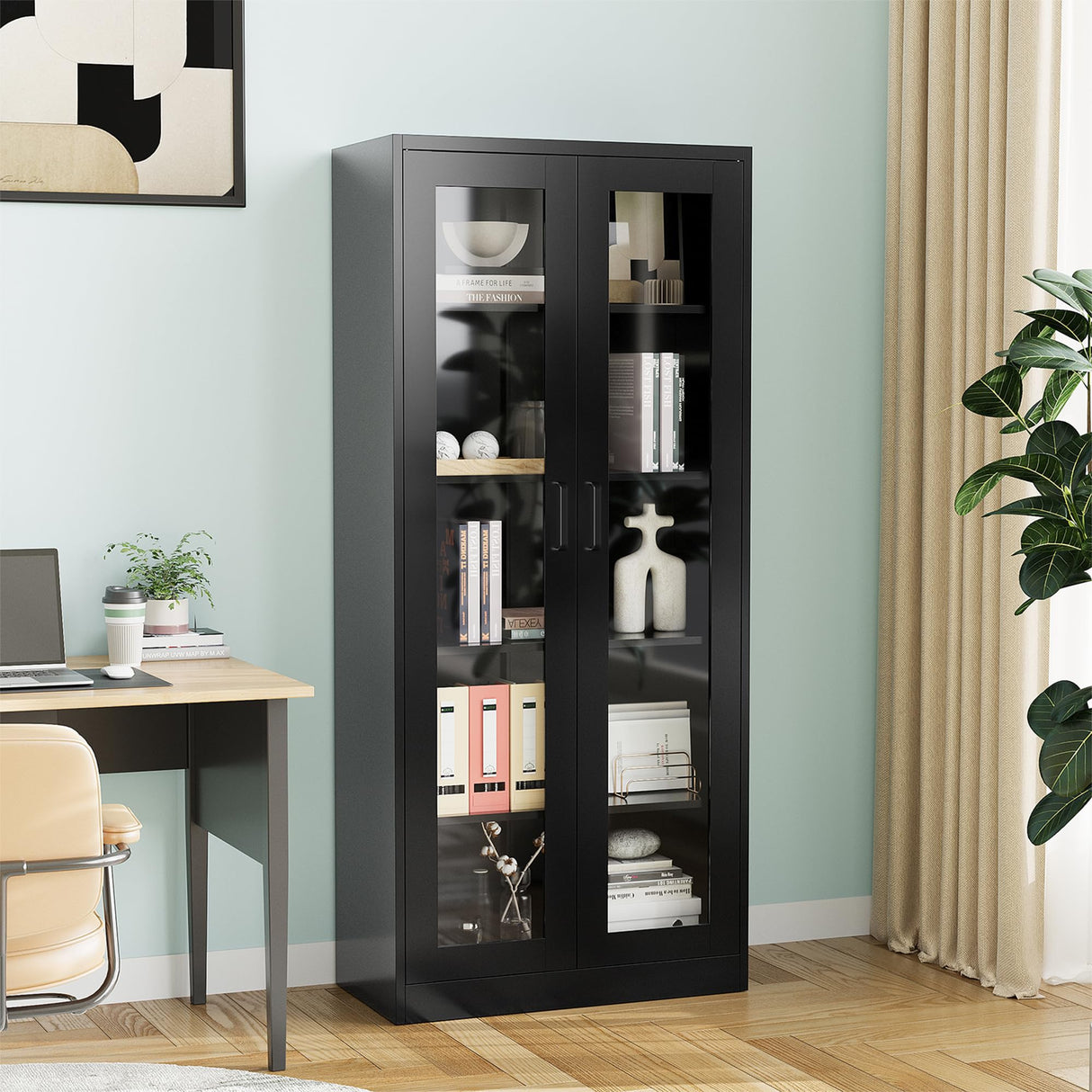 PEUKC 67IN Display Cabinet with Glass Doors, Metal Curio Cabinets with 4 Adjustable Shelves, Glass Cabinet Display Case for Home, Office, Clinic, Pantry (Black) PEUKC