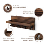 NAUMOO Natural Wooden Key Holder - Wall Mounted Mail Organizer and Key Hanger - Rustic Farmhouse Entryway Shelf with 4 Double Hooks - Decorative Rack for Car Keys, Wallet (Dark Brown) NAUMOO