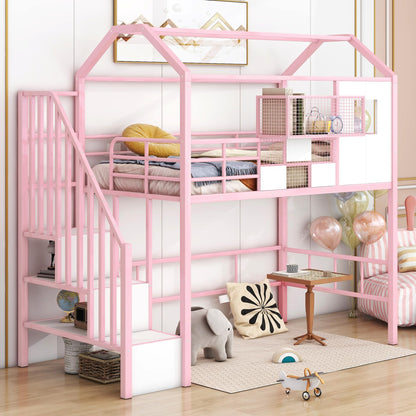 SOFTSEA Loft Bed Twin Size with Stairs & a Storage Box, House Shaped Stairway Metal Loft Bed with Guardrail & Roof Design, Pink