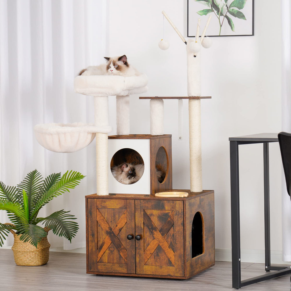 Heybly Cat tree, Wood Litter Box Enclosure with Food Station, All-in-one Indoor Cat Furniture with Large Platform and Condo, Modern Style Cat Tower, Hammock, Rustic Brown HCT102SR Heybly