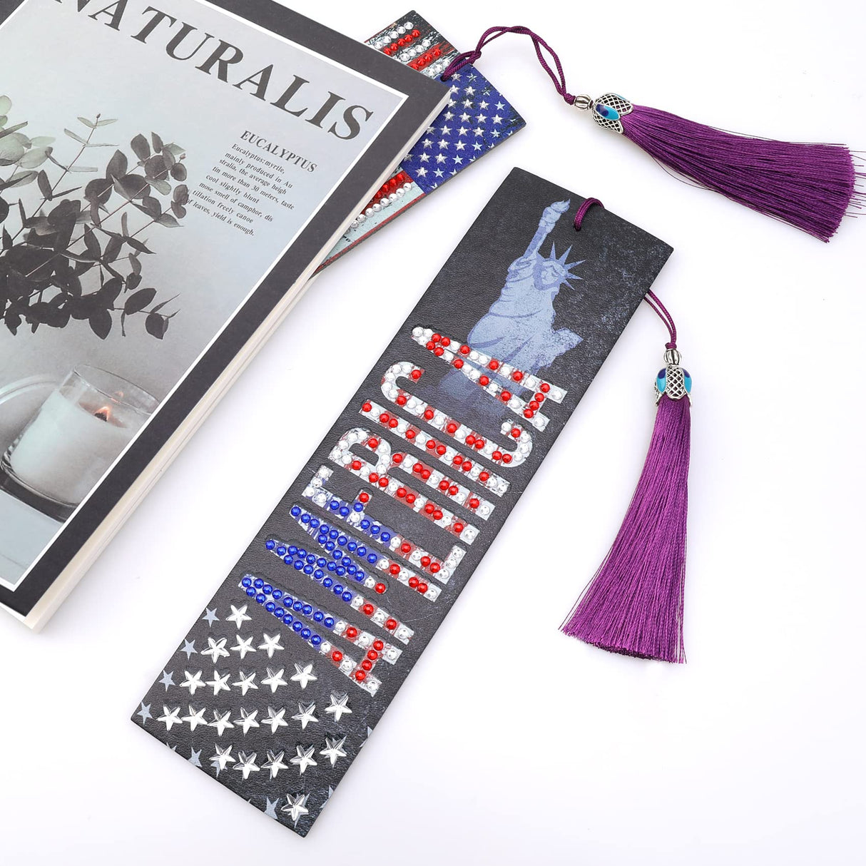 MWOOT 2 Pcs American Flag 5D Diamond Art Painting DIY Bookmarks, Marcadores Libro Pintura Diamantes Leather Tassel Bookmark, Statue of Liberty Beaded Book Marks for Independence Day July Fourth Gift MWOOT