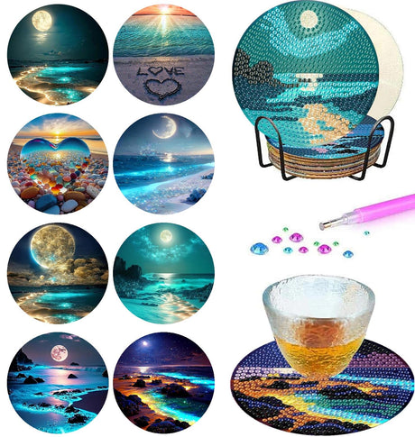 Beach Diamond Art Coasters Kit for Adults - 8 Pcs Diamond Painting Coasters Kit with Holder,Moon Landscape Diamond Art Kits for Adults Coasters Arts and Crafts Kits for Gifts Ammklfh