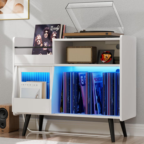 Large White Record Player Stand with Sliding Door,350 Vinyl Record Storage Cabinet, Record Player Table with Power Outlet and LED Light,Turntable Stand with Wood Legs for Living Room,Office Loomie