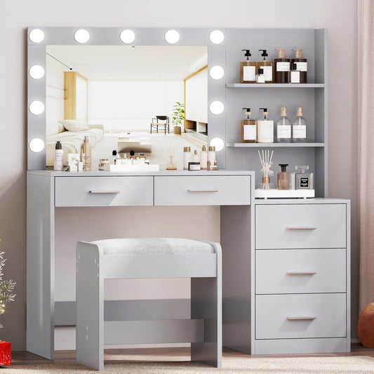 Rovaurx 46.7" W Makeup Vanity Set with Lights and Mirror, Vanity Desk with 5 Drawers, 3 Lighting Colors, Dressing Table for Bedroom, Studio, Grey