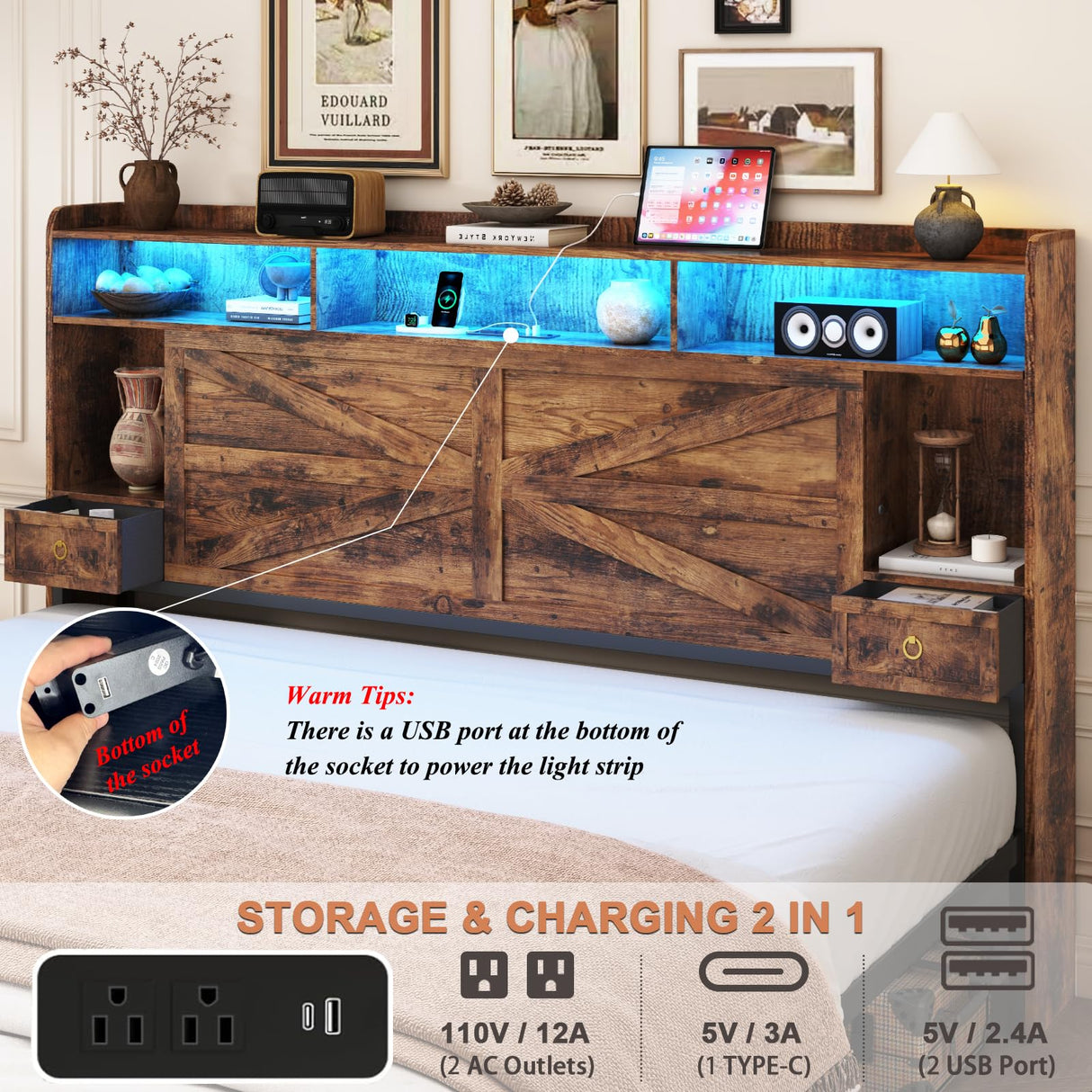 TIGUBFRE King Size Bed Frames with Storage Headboard and 4 Drawers, Farmhouse Platform Bed Frame with Charging Station & LED Lights, Metal Slats Support, Noise Free, No Box Spring Needed, Rustic Brown TIGUBFRE