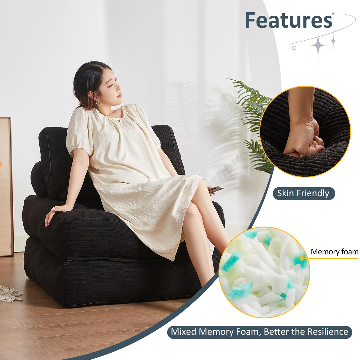 Afuson Folding Chair Bed, Futon Sofa Bed for Bedroom and Living Room, Convertible Floor Couch for Small Spaces, Black Afuson