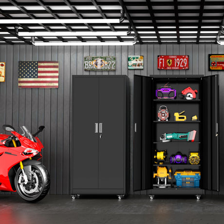Superday Garage Storage Cabinet with Wheels，73" H Metal Storage Cabinet with Doors and Adjustable Shelves, Lockable Steel Utility Tool Cabinets for Garage, Home Office, Kitchen(Black) Superday