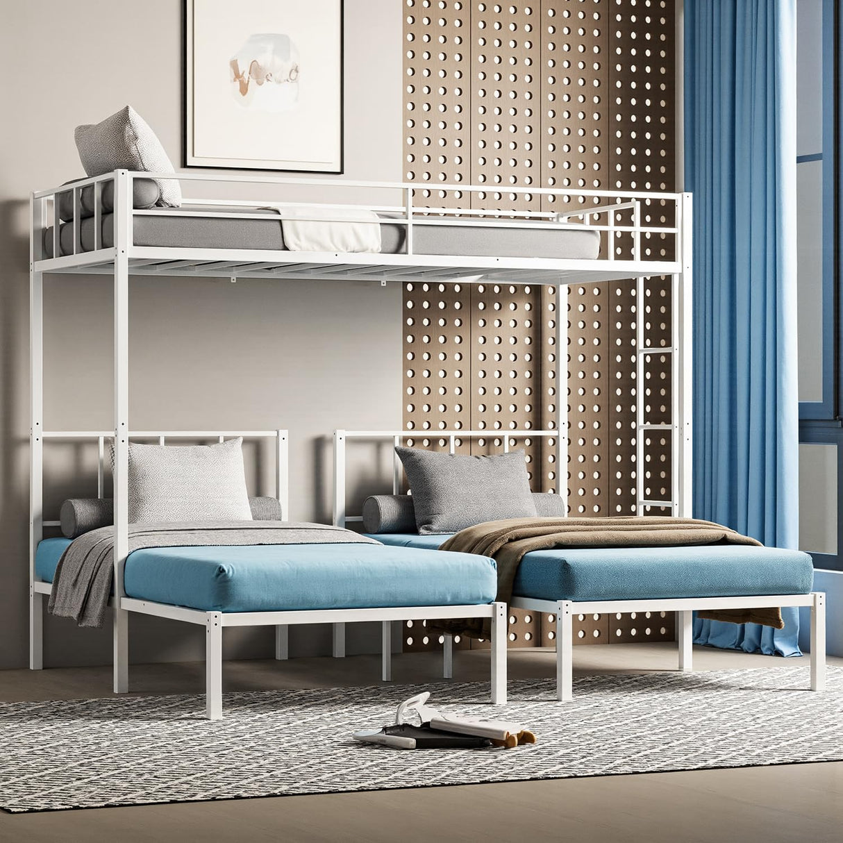 Mixcous Triple Bunk Bed Twin Over Twin Bunk Bed for 3, Guardrails and Ladder Metal Bunkbed, 3 Bed Teens and Adults, No Box Spring Needed, White Mixcous