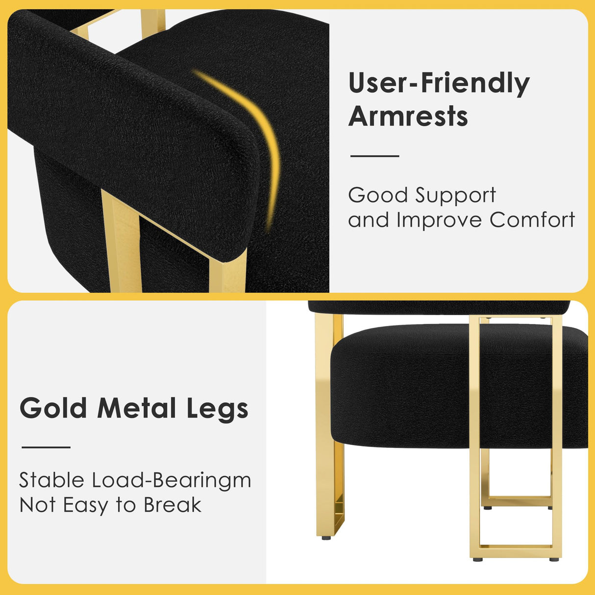 STHOUYN Modern Black and Gold Accent Chair Set of 2, Boucle Bucket Chairs Set of 2, Arm Chairs for Living Room Bedroom (2, Black) STHOUYN