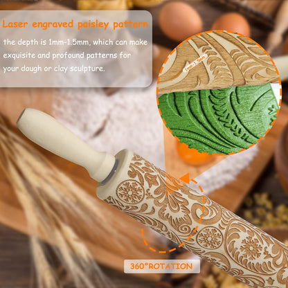 Embossed Wooden Rolling Pin, Embossing Rolling Pin for Baking Fondant, Pizza, Pie, Pastry, Pasta, Dough, Cookies, Suitable Christmas, Father and Mother's Gift