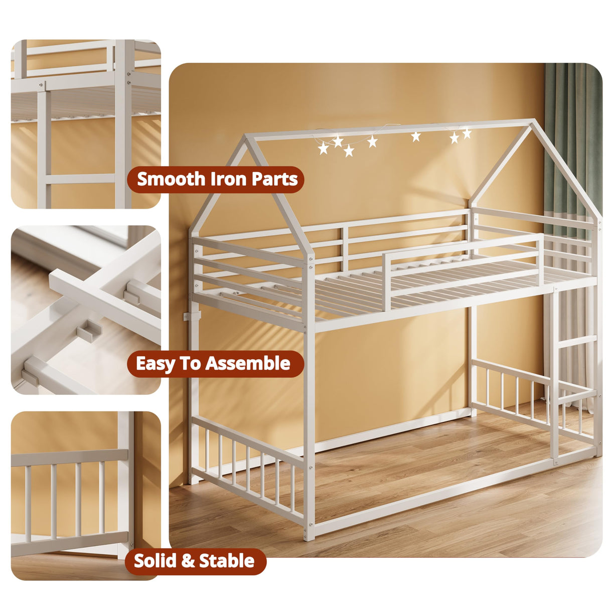 LIKIMIO Bunk Bed Twin XL Over Twin XL, Metal Bunk Bed Frame with Ladder and Guardrail, House Shaped with Metal Slats for Dormitory and Bedroom, Space Saving, No Box Spring Needed, White LIKIMIO