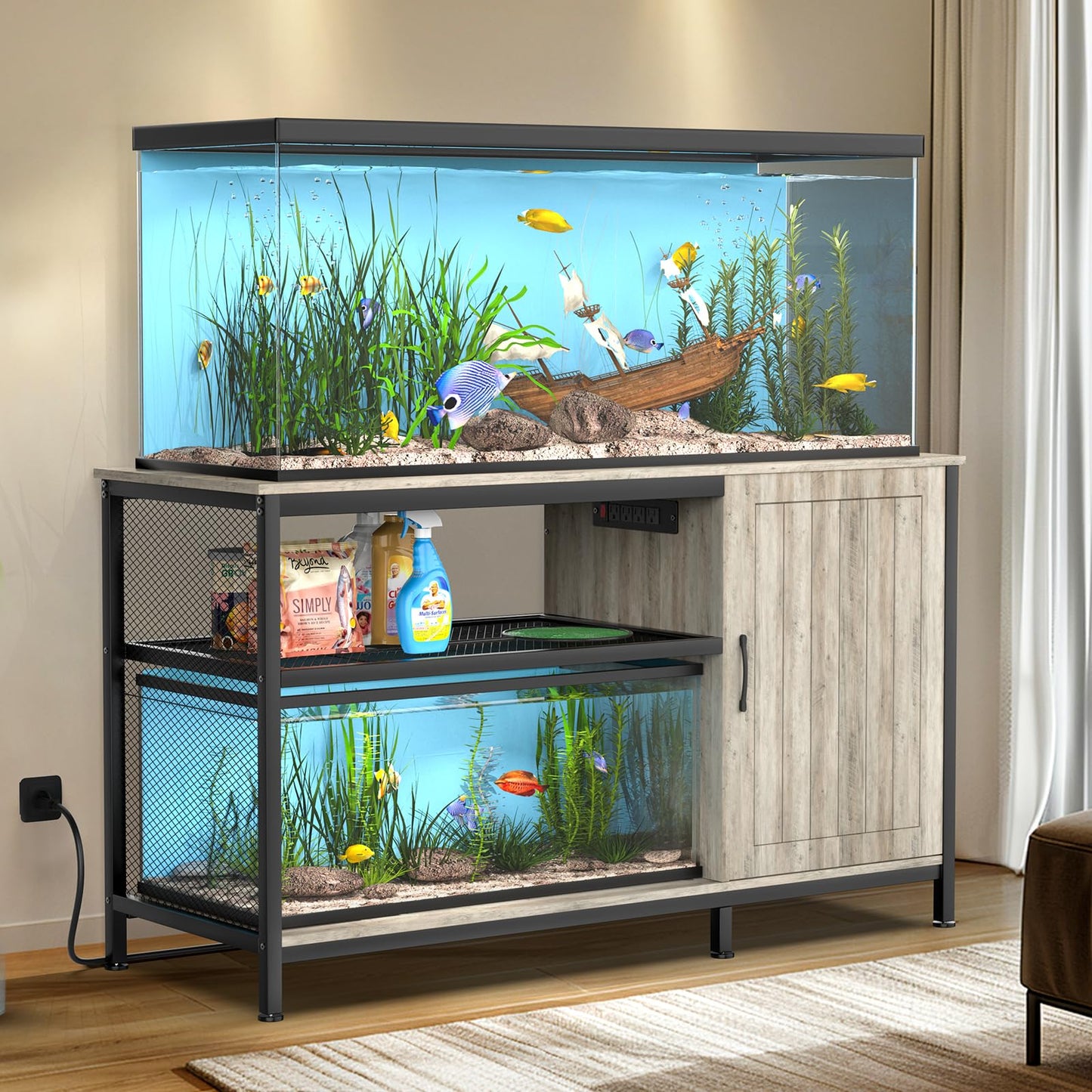 Tatub 55-90 Gallon Fish Tank Stand Large Aquarium Stand with Accessories Storage Cabinet, Heavy Duty Metal Fish Tank Cabinet Suitable for Turtle Tank, Reptile Terrarium, 1000LBS Capacity, Woo - WoodArtSupply