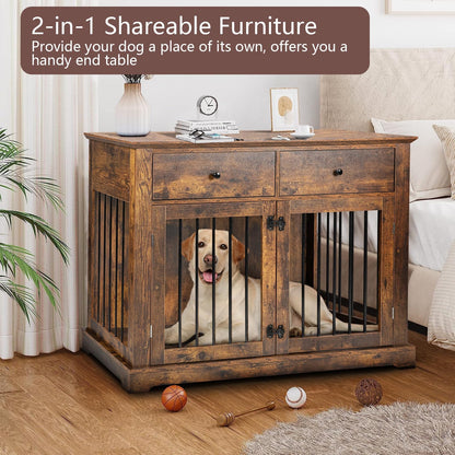 TAVATA Dog Crate Furniture with 2 Drawer, 44'' Large Dog Crate Dog Kennel, Heavy Duty Wood Dog Cage for Small/Medium/Large Dog, Sturdy Dog Kennel Dog Crate (Brown) - WoodArtSupply