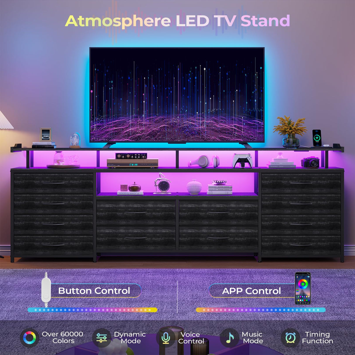 HAUOMS TV Stand & Dresser for 65 Inch TV, 63" W with LED Lights & Power Outlets, Black Long Dresser with 12 Fabric Drawers, Entertainment Center with Shelves, for Bedroom HAUOMS