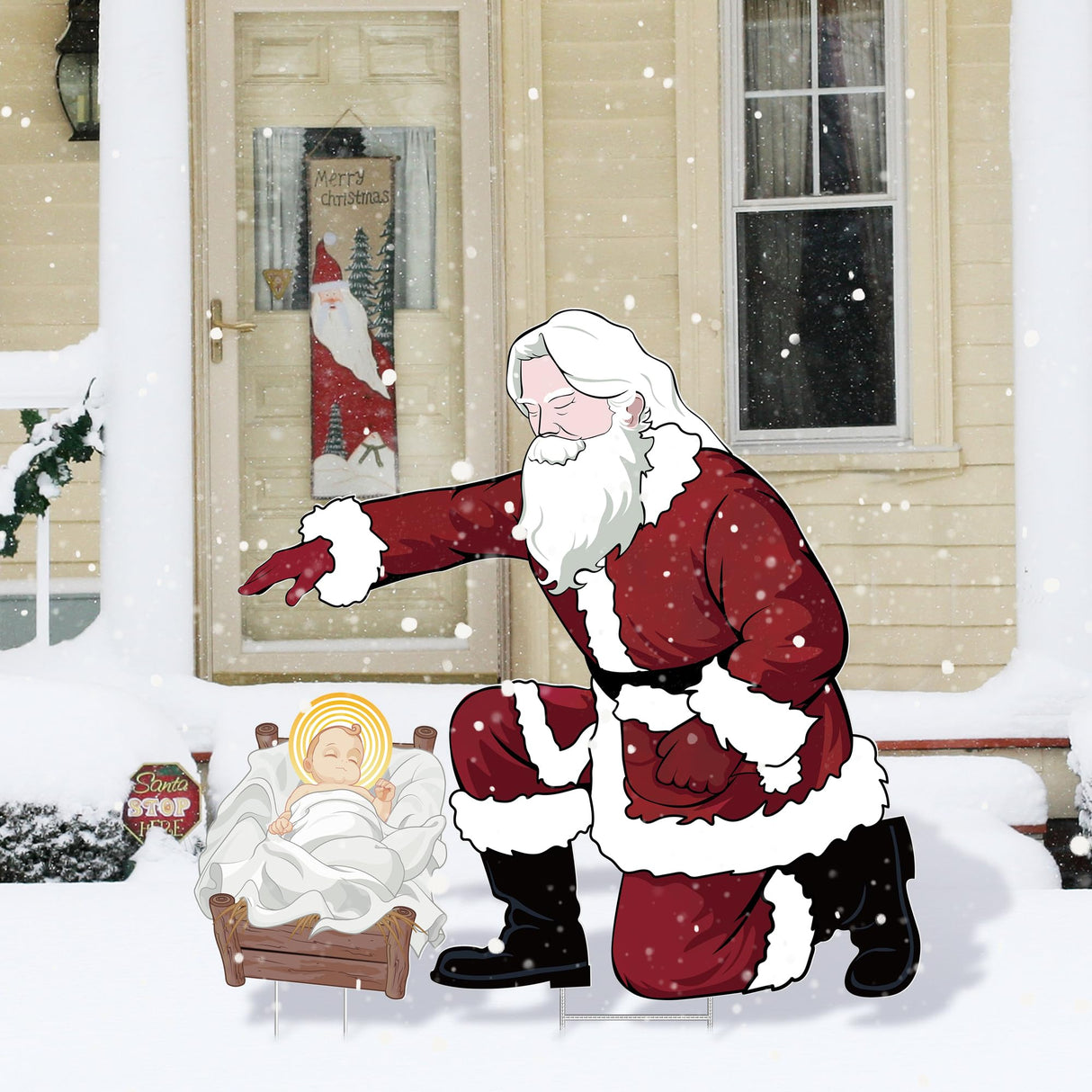 Vivantia Santa Jesus Nativity Set Large 90cm Tall Weatherproof Religious Santa Holy Jesus Birth Christian Nativity Scene with Metal Stakes for Outdoor Christmas Holiday Lawn Home Garden Yard Decor Vivantia