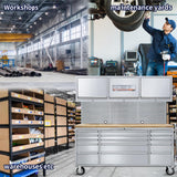 CHETTO C 72 inch Tool Chest Rolling Tool Box Large Tool Cabinet with 15 Storage Drawers Wheels 3 Upper Cabinet SS-Pegboard Workbench Stainless Steel CHETTO C