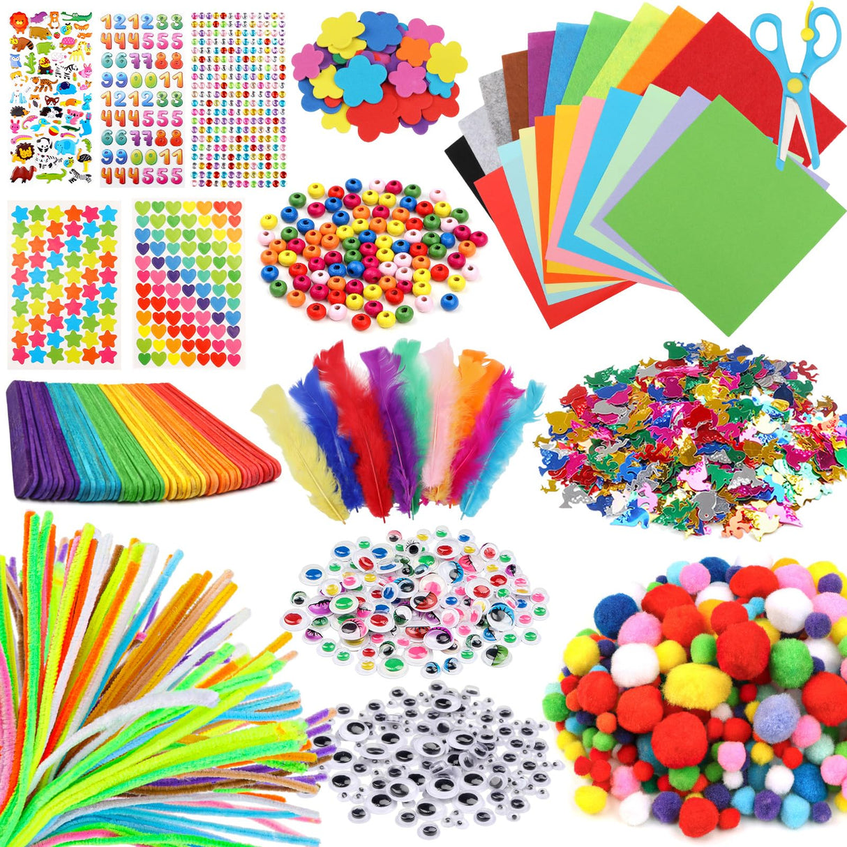DOITEM Pipe Cleaners Craft Supplies, 1500+Pcs Arts and Crafts Supplies Including Pipe Cleaner Wiggle Googly Eyes Pom Poms Feathers Sticks Sequins Foam Flowers Papers Felt Stickers DOITEM