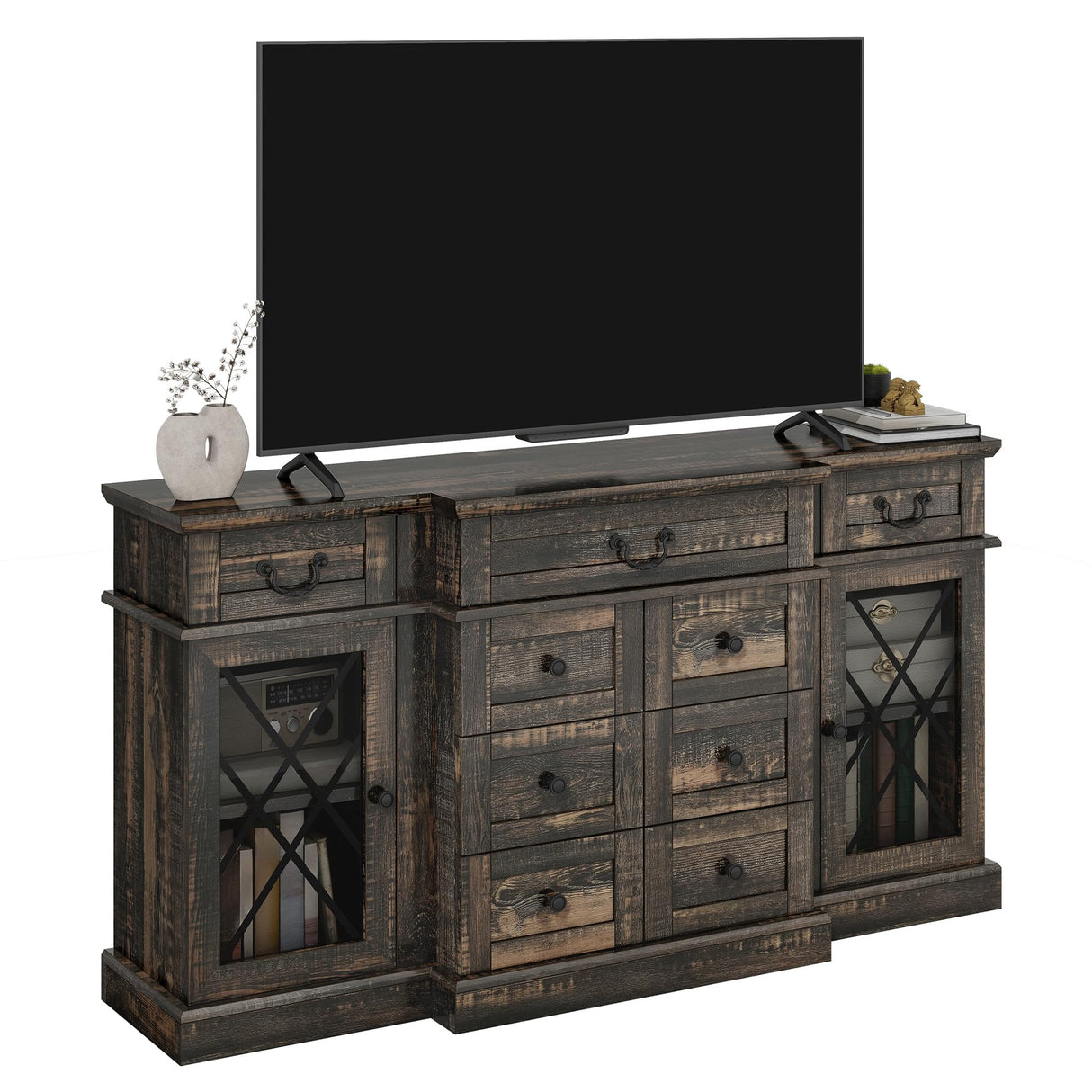YITAHOME Television Stand for 65/55 Inch TV, Farmhouse TV Stand with 9 Drawers, Adjustable Shelves and Tempered Glass Doors, Entertainment Center TV Media Console for Living Room, Dark Rustic Oak YITAHOME