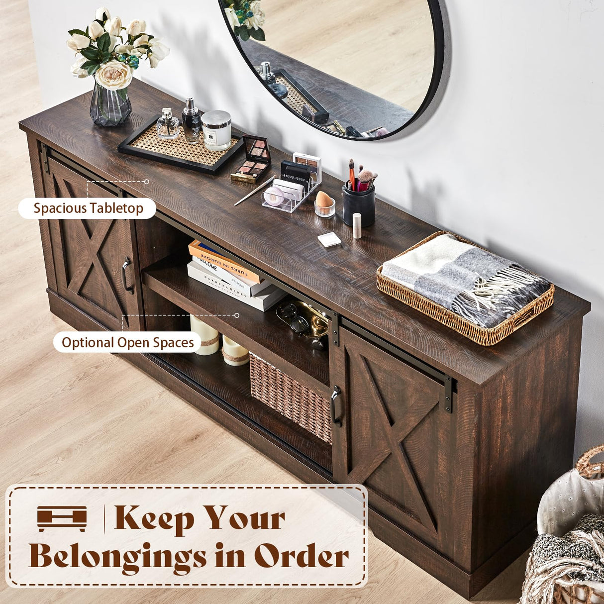 AMERLIFE 66" Farmhouse TV Stand for 75 Inches TVs, Entertainment Center with Sliding Barn Door and Adjustable Shelf & Feet, Console Table with Storage, Reclaimed Barnwood AMERLIFE