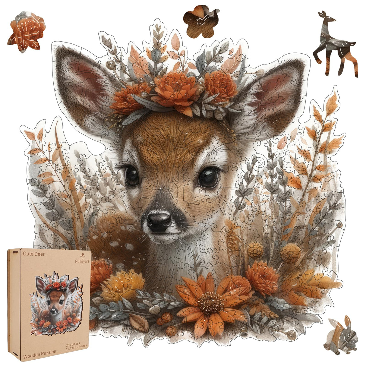 Ruikiyart Wooden Puzzles for Adults Cute Deer Wooden Jigsaw Puzzles 200Pcs Unique Animal Shape Adult Puzzles Fabulous Gift for Kids and Adults on Birthday,Thanksgiving,Christmas 11.1x11.2 Inches Ruikiyart