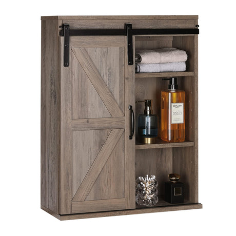RUSTOWN Farmhouse Wood Wall Storage Bathroom Cabinet with Sliding Barn Door, Rustic Medicine Cabinet with Adjustable Shelf, 3-Tier Vintage Cabinet for Kitchen, Bathroom, Living Room (Washed Oak) RUSTOWN