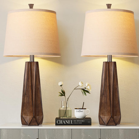 WIHTU 3 Color Temperature Table Lamps Set of 2, Beside Lamp with Linen Shade, 27'' Wood Grain Color Modern Table Lamp for Living Room, Resin Desk Lamp for Nightstands Bedroom Decor (2 Bulbs Included) WIHTU
