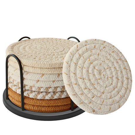 Lazebox Coasters Set of 8 for Drinks, Beer, Coffee, Cotton Woven 4 Colors Absorbent Coaster with Holder, Boho Coasters for Home Decor Tabletop Protection Suitable for Kinds of Cups, Coffee Lazebox