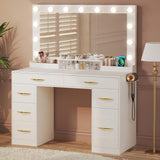HUAHUU Makeup Vanity Desk with Lights, Vanity Desk with Large Mirror, White Vanity with Outlets Large Drawers & Storage, 3 Lighting Color Adjustable, Bedroom Dressing Table HUAHUU