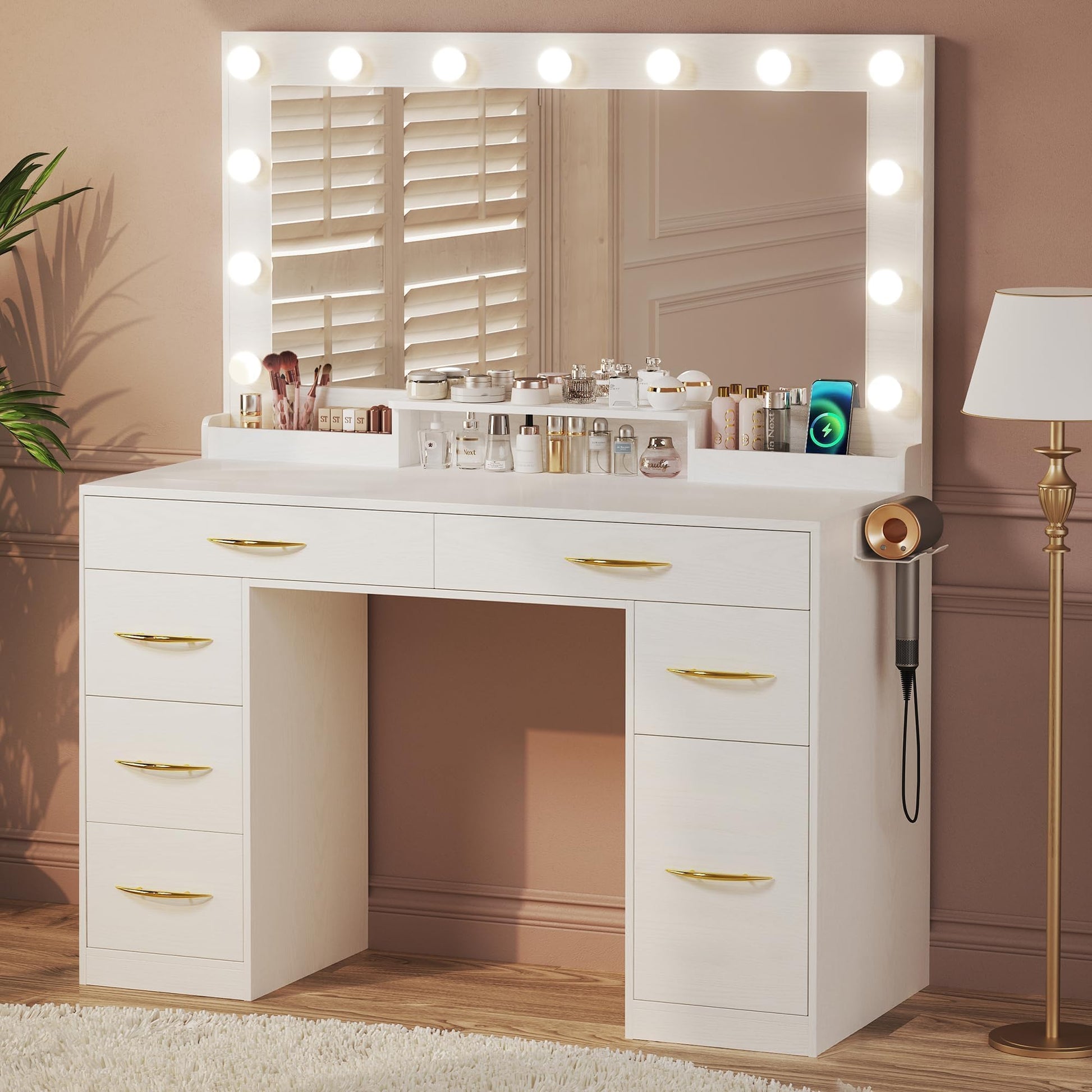 HUAHUU Makeup Vanity Desk with Lights, Vanity Desk with Large Mirror, White Vanity with Outlets Large Drawers & Storage, 3 Lighting Color Adjustable, Bedroom Dressing Table - WoodArtSupply