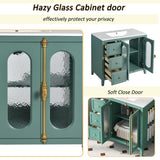 LUMISOL 36 Inch Bathroom Vanity with Sink, Free Standing Bathroom Sink Cabinet with 3 Drawers, 2 Glass Door & Side Storage, Vintage Bathroom Vanities with Ceramic Sink, Solid Wood Frame, Green LUMISOL