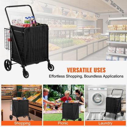 VEVOR Folding Shopping Cart with Removable Waterproof Liner, 330LBS Large Capacity Jumbo Grocery Cart with Dual Basket, 360° Swivel Wheels, Dense Metal Mesh Base, Heavy Duty Utility Cart for  - WoodArtSupply