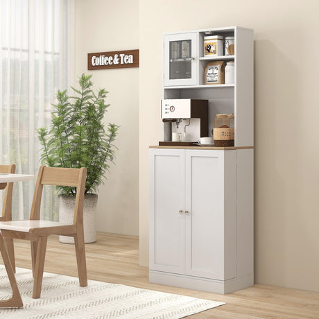 HOMCOM 66.5" Pantry Cabinet with Microwave Stand, Freestanding Kitchen Storage Cabinet with Hutch, 8 Door Shelves, Adjustable Shelves, Food Pantry Cabinet for Dining Room, White HOMCOM