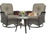 TIMWNER 3-Piece Swivel Rocker Wicker Chair Set of 2 ，360-Degree Rocking Chairs Outdoor with Cushions，Glass Table for Garden,Backyard, Bistro.Brown TIMWNER