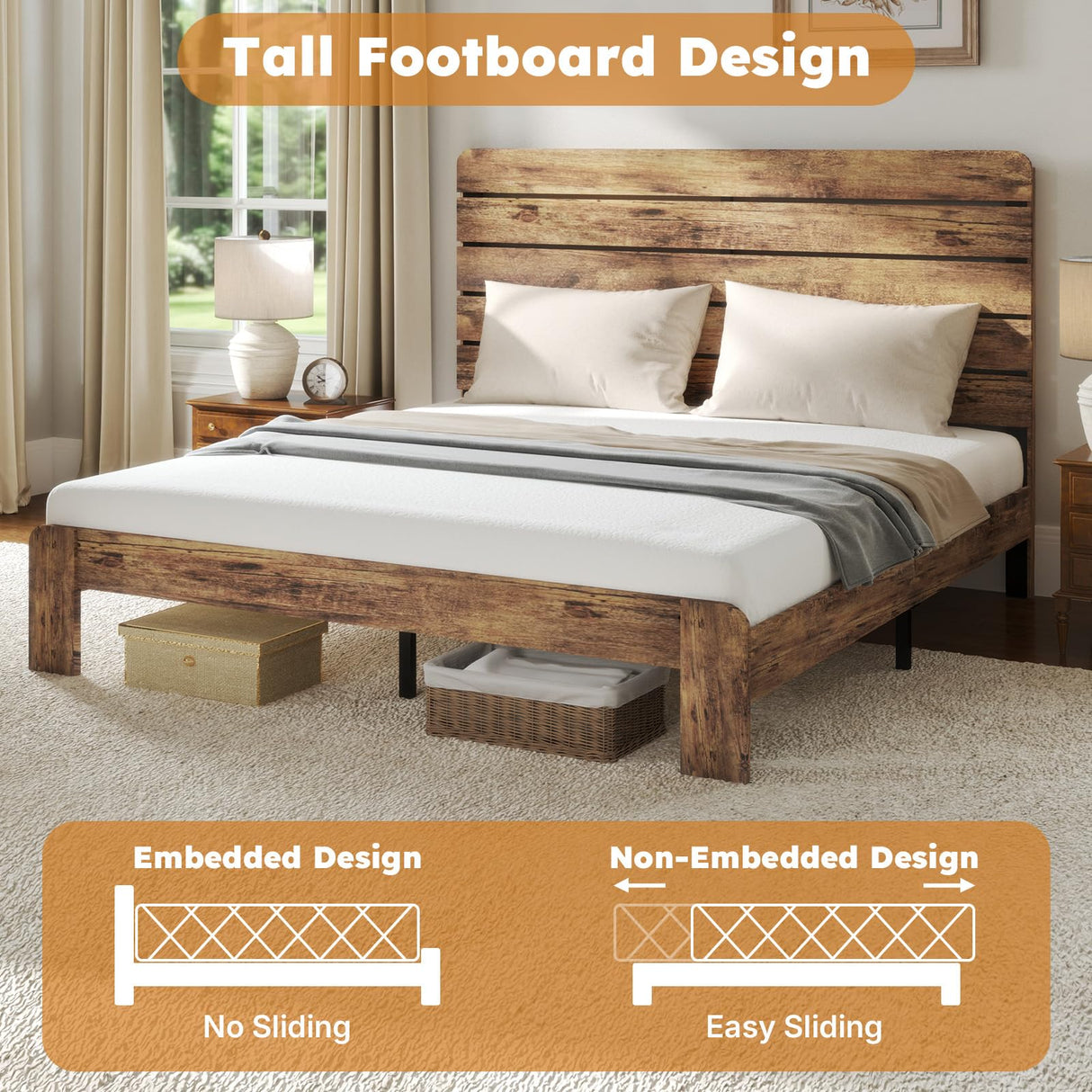 Zevemomo King Bed Frame, King Size Heavy Duty Platform Bed Frames, King Bed Frame with Wood Headboard & Footboard, Noise Free, No Box Spring Needed, Brown Zevemomo