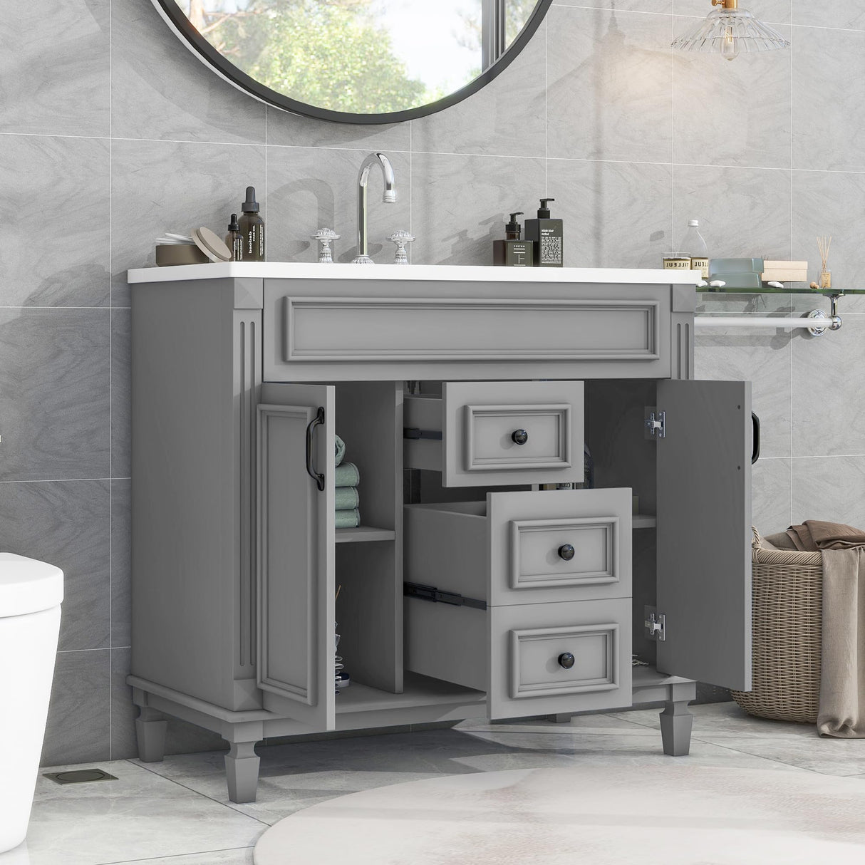 Merax 36” Bathroom Vanity with Sink, Freestanding Single Bathroom Sink Vanity Cabinet Set with 36” Countertop & Integrated Sink, 2 Doors & 2 Drawers (Sink Cabinet Only, Gray) Merax