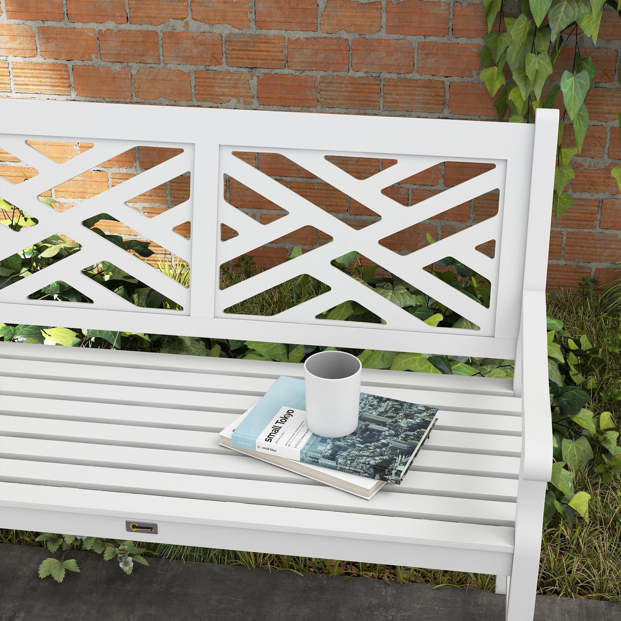Outsunny Outdoor Garden Bench, Wooden Frame Patio Bench with Geometric Pattern, 43.25 Inch Weatherproof 2-Person Love Seat for Garden, Lawn, Porch, Yard, Work Entryway, White Outsunny