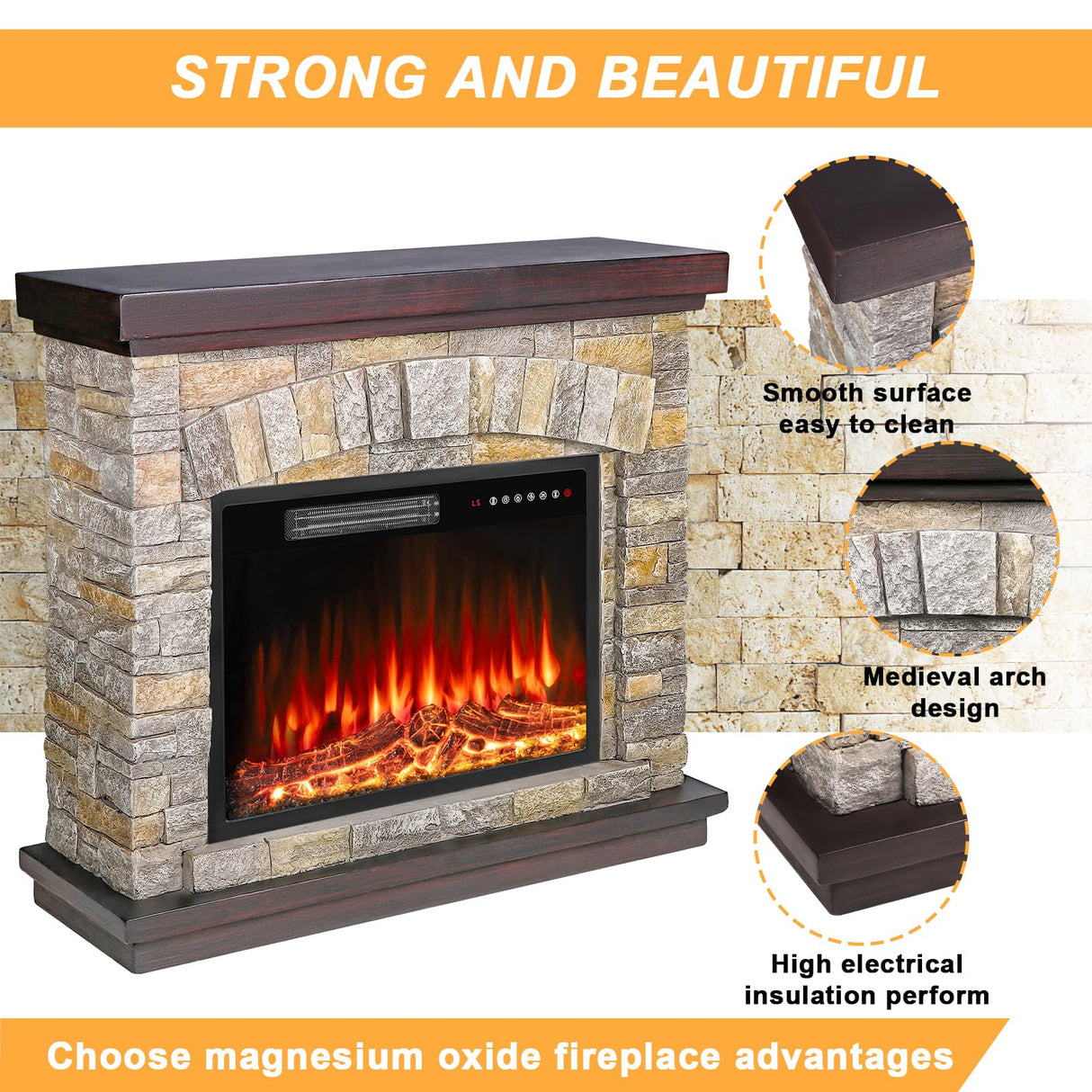 BOSSIN 36" Electric Fireplace with Mantel, 23 inch Electric Fireplace Insert, TV Stand Freestanding Heater with Remote Control Timer LED Flame for Living Room Bedroom,Faux Stone Gray BOSSIN