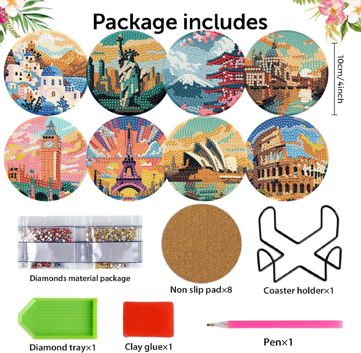 8 Pcs Famous buildings Diamond Art Painting Coasters Kits,Landscape Coaster with Holder for Adults, Non-Slip DIY Dot Paint Craft Kits,5D Full Drill DIY Diamond Dot Gem Art Kit Home Decor Arts Craft NEGEKFKX
