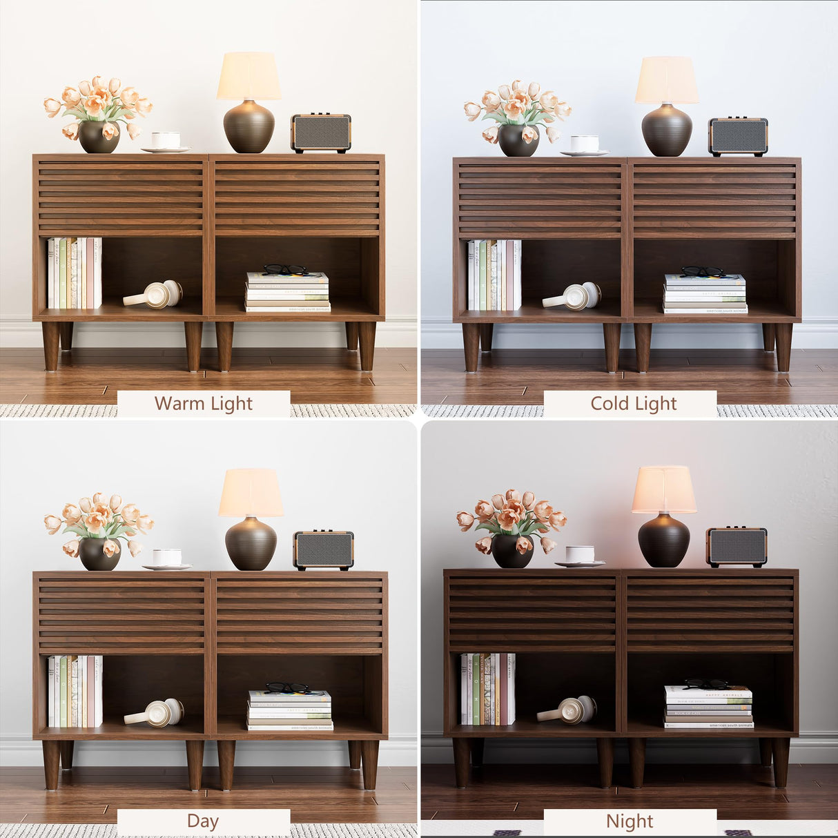 Alohappy Nightstand Set of 2, Mid Century Modern Nightstand, Wood Fluted Bedside Table with Drawer and Storage for Bedroom, Side Table, Accent Table, End Table for Living Room, Brown, 2pcs Alohappy