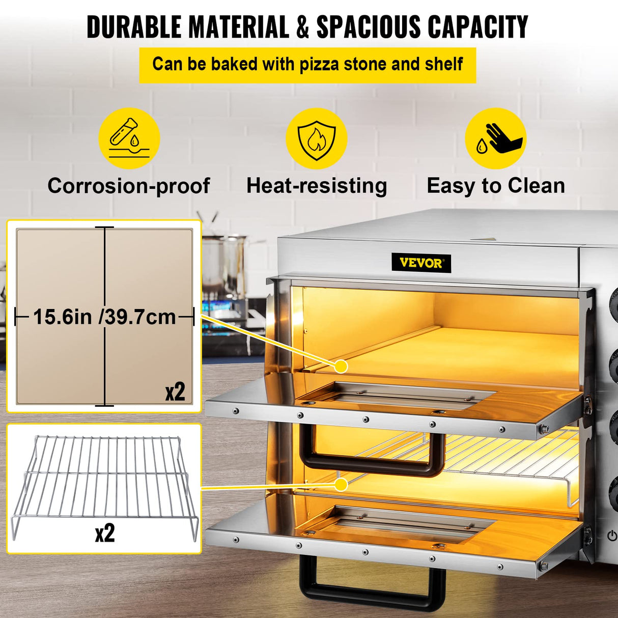 Commercial Pizza Oven Countertop 14" Double Deck Layer 110V 1800W Stainless Steel, Silver VEVOR