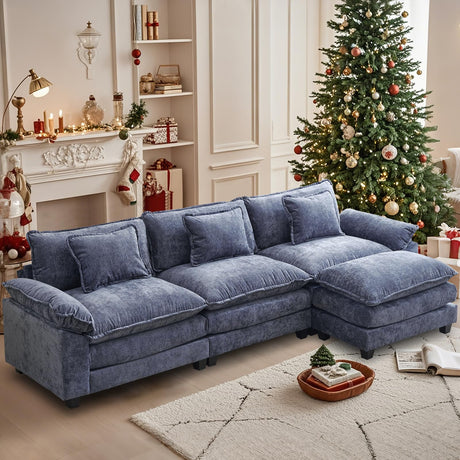 OQQOEE Sectional Sofa Modular Cloud Couch Upholstered Deep Seat Cloud Sofas with Ottoman Comfy Chenille Sofa Sleeper for Living Room,Apartment (Blue, L Shaped-3 Seat & Ottoman) OQQOEE