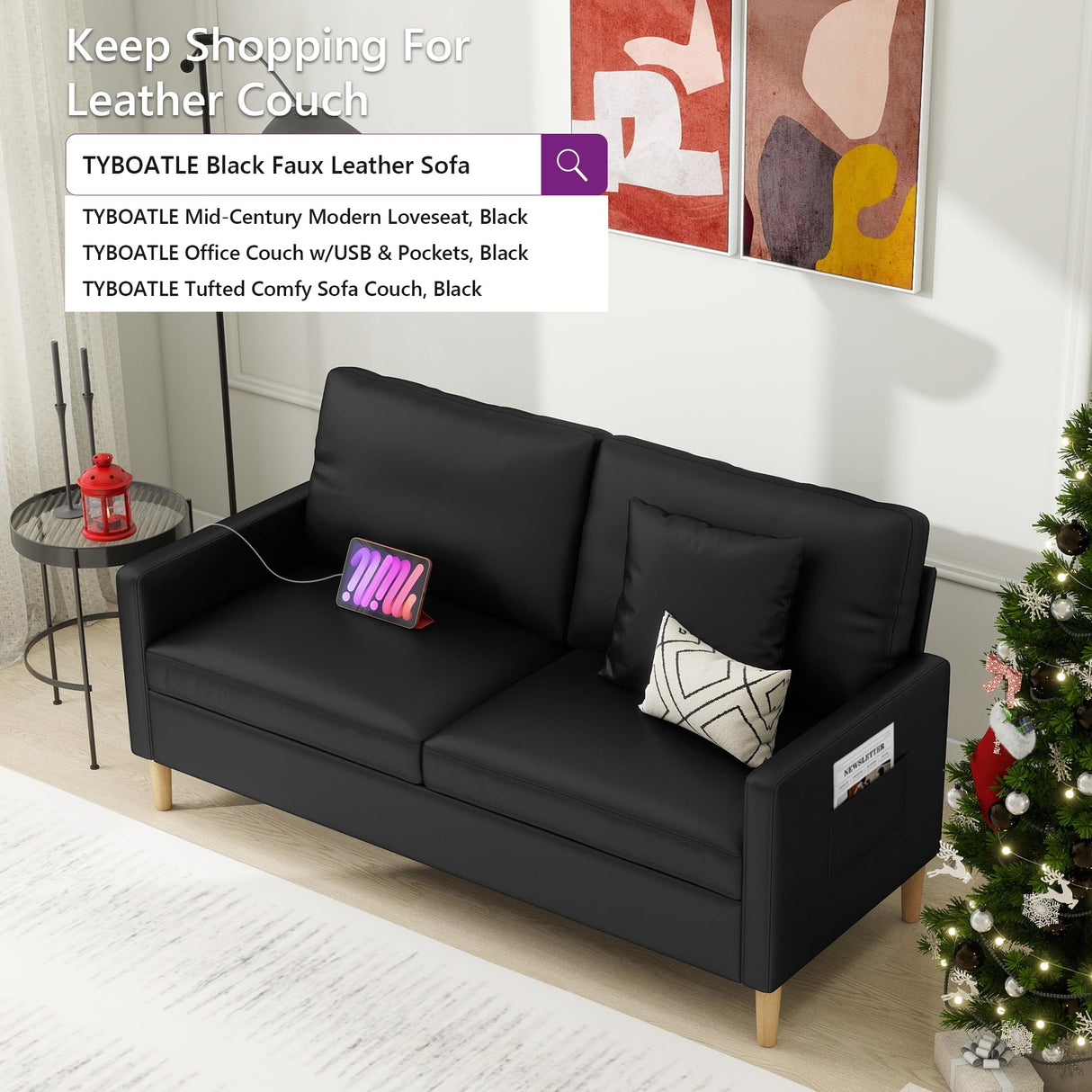 TYBOATLE 66" Black Faux Leather Sofa Couches w/USB, 2 Piece Living Room Set, Mid-Century Modern Tufted Loveseat 2 Seater Office Small Couch Love Seat for Small Space Bedroom Drom Apartment TYBOATLE