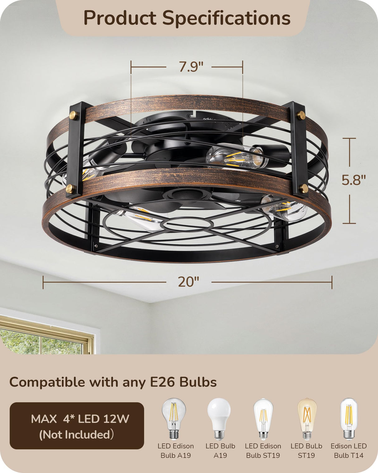 EDISHINE 21" Pre-Assembled Ceiling Fans with Lights Flush Mount, 10%-100% Dimmable, Rustic Low Profile Caged Ceiling Fan with Remote, Small Farmhouse Fan Light Ceiling for Kitchen Bedroom Brushed Gold EDISHINE