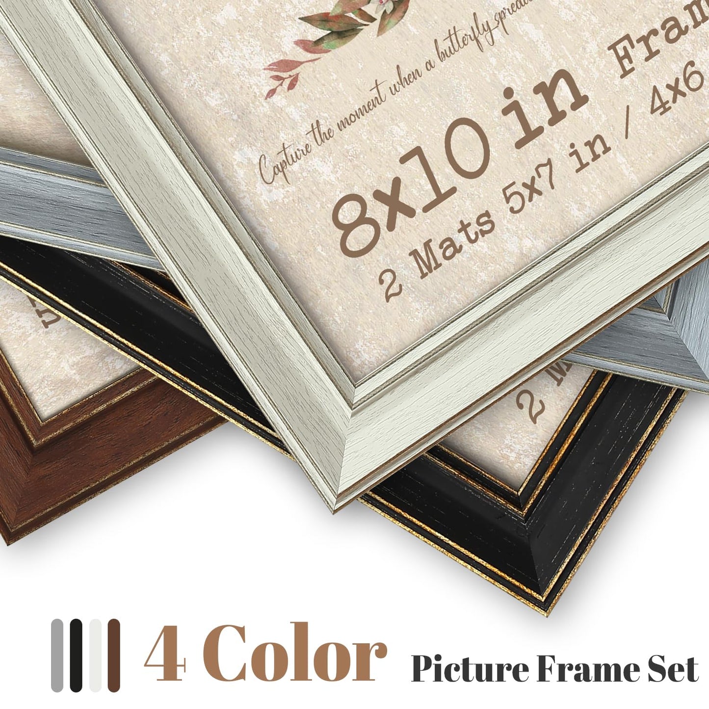 8x10 Picture Frame Set of 4 with 2 Mats, Rustic Farmhouse Photo Frame with Tempered Glass, Distressed Vintage Frame 4x6 & 5x7 with Mat or 8x10 without Mat for Wall or Tabletop Display Home Office Gift