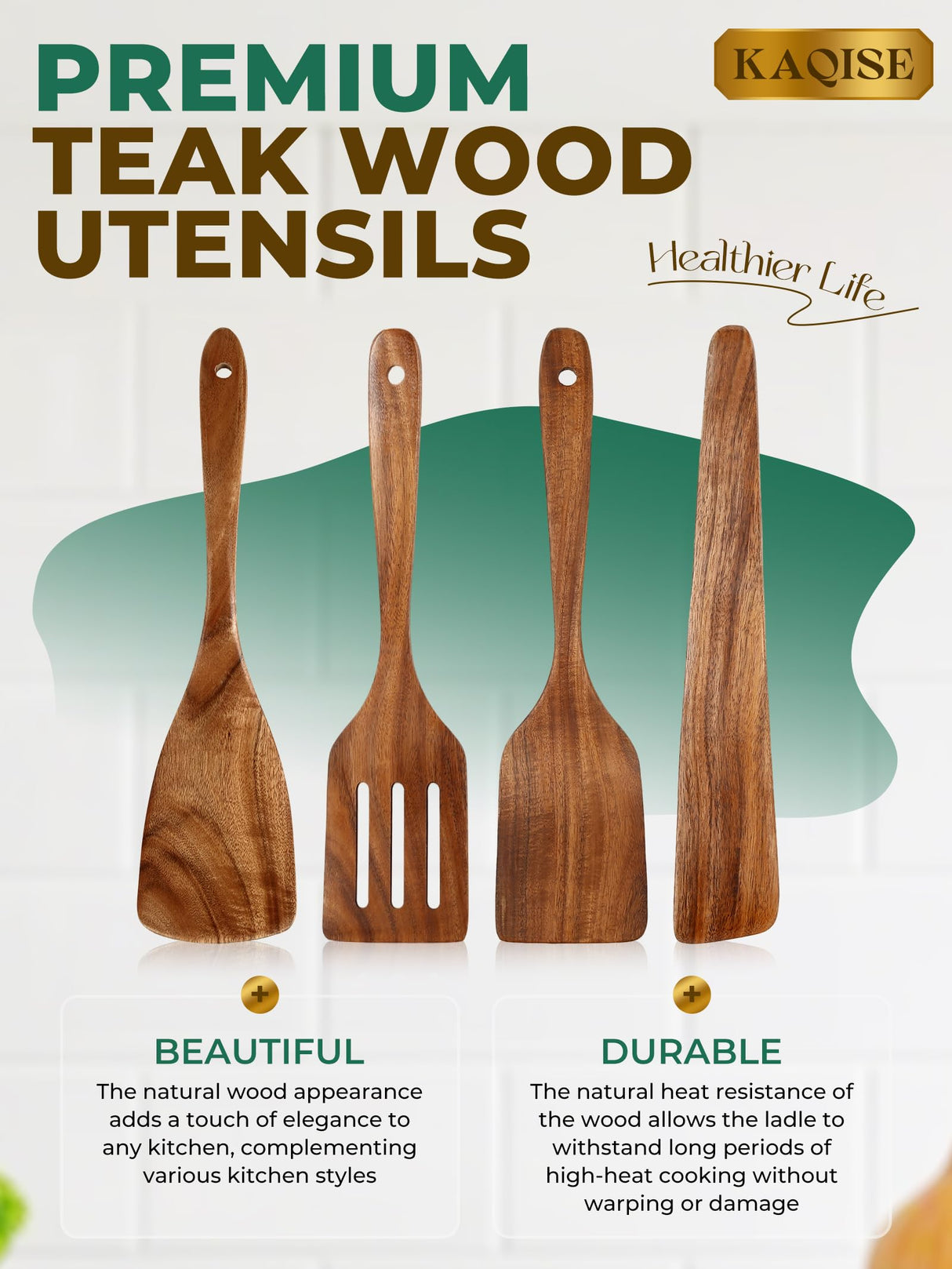 Wooden Spatula for Cooking, Natural Teak Wood Utensils including Frying Flat Spatula Turner, Wooden Kitchen Utensils Set (4Pcs) KAQISE