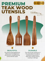 Wooden Spatula for Cooking, Natural Teak Wood Utensils including Frying Flat Spatula Turner, Wooden Kitchen Utensils Set (4Pcs) KAQISE