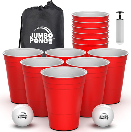 Jumbo Pong - Giant Yard Pong Outdoor Games Yard Games Lawn, Beach, Camping, Tailgating or Backyard - Durable Giant Cups with Indoor/Outdoor Ball and Pump Included Jumbo Pong