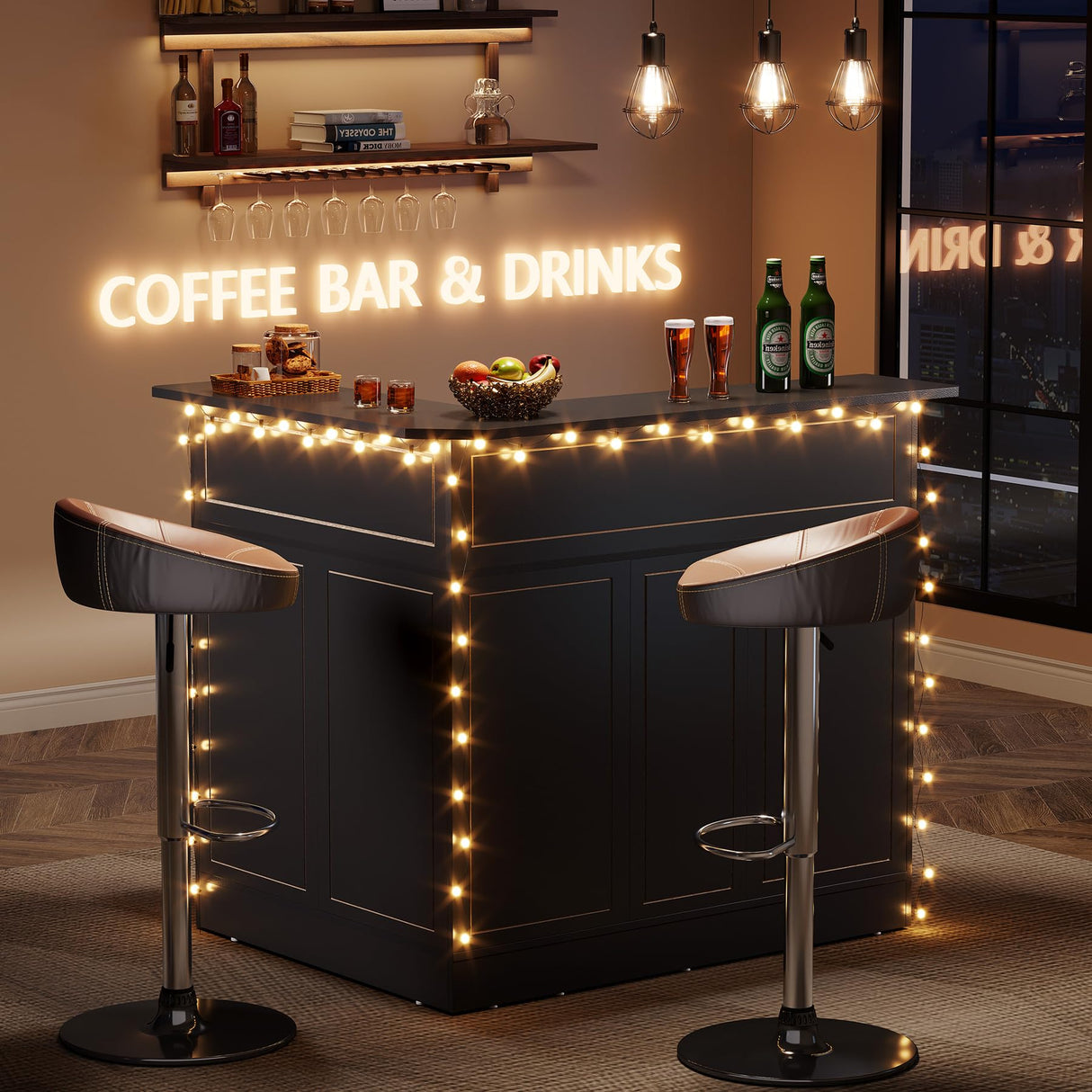 LITTLE TREE Black Bar Cabinet, 4-Tier Home Mini Bar Cabinet with Stemware Rack, Freestanding Wooden Storage Cabinet, Modern L-Shaped Liquor Table Cabinet for Living Room, Dining Room LITTLE TREE