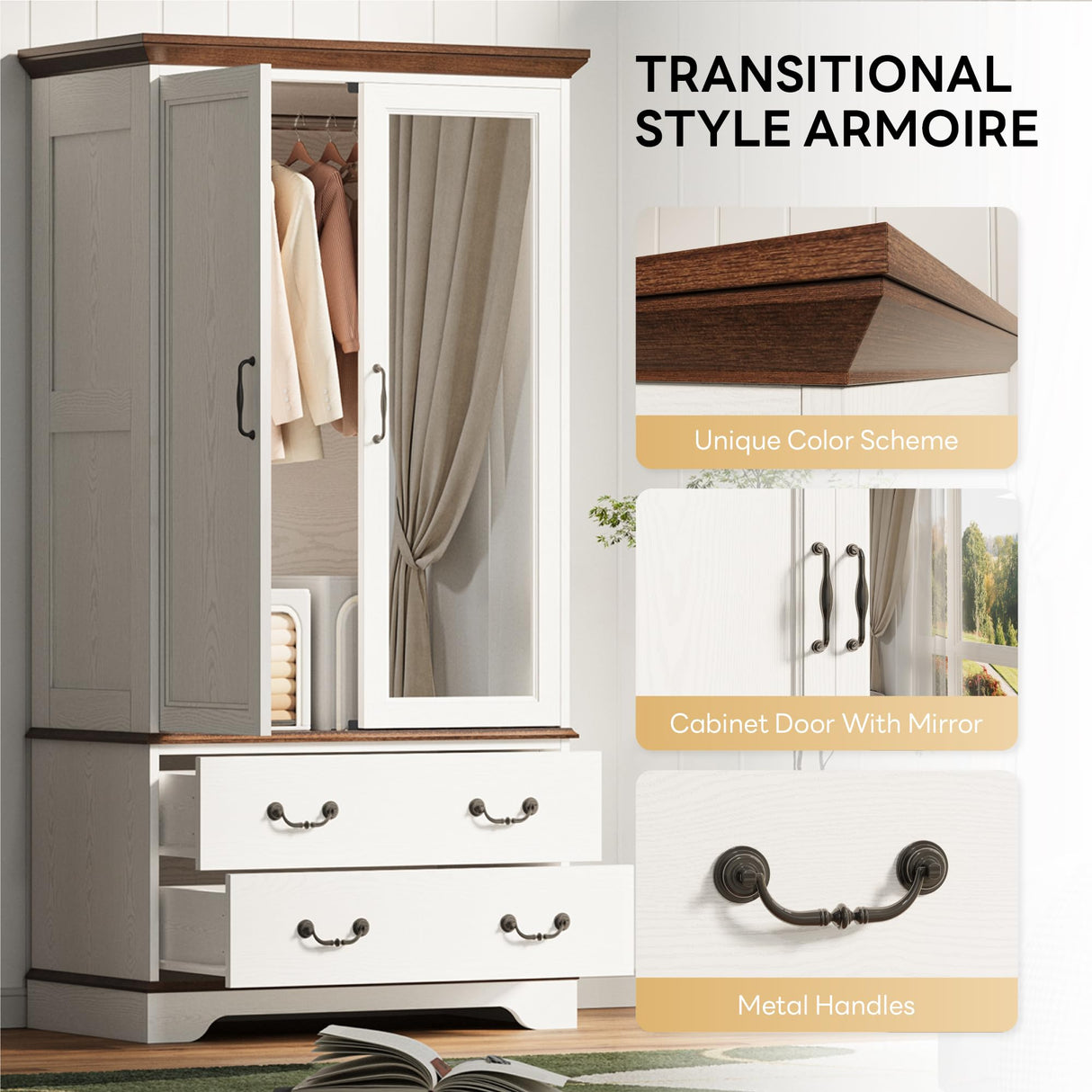 LIKIMIO Armoire Wardrobe Closet with Mirror, 70.1" Wooden Clothing Storage Cabinet with 2 Doors & 2 Drawers, Modern Bedroom Freestanding Wardrobe Combination with Hanging Rod, Cherry with White LIKIMIO